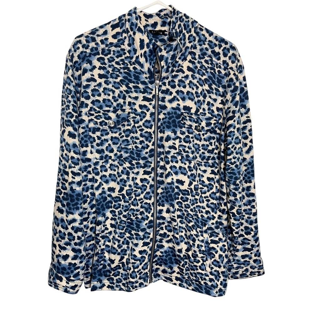 Links 14 Blue Leopard Print Zip Up Jacket Mock Neck Chest Pockets Mobwife Bold‎ - Picture 2 of 6